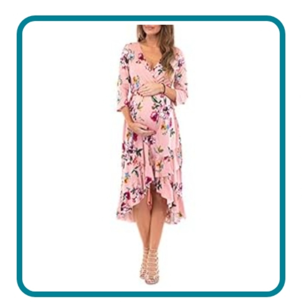Mother Bee Maternity Short or 3/4 Sleeve Hi-Low Ruffle Faux Wrap Dress